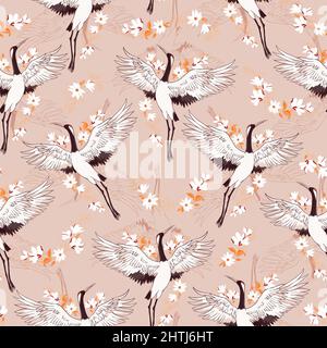 Decorative kimono floral motif background pattern with crane and flowers vector illustration Stock Vector