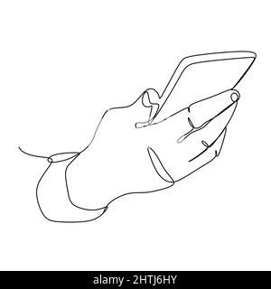 Continuous one line drawing of hand holding phone or smartphone. Modern Vector illustration design of smart mobile technology theme. Stock Vector