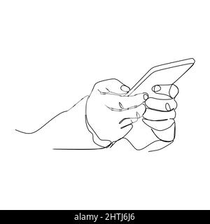 One continuous line drawing of hand holding phone or smartphone. Modern Vector illustration design of smart mobile technology theme. Stock Vector