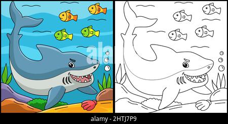 Great White Shark Coloring Colored Illustration Stock Vector