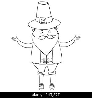 Cute gnome. Thanksgiving day doodle. Line art Scandinavian gnome. Fall theme. Funny cheerful nordic dwarf character isolated on white background. Retr Stock Vector