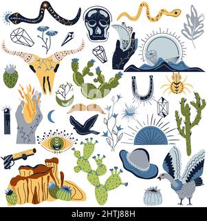 Wild west collection. Cactus, snake, sun, gun, moon, vulture, bird, eye, buffalo skull, diamond, hand with moon. Old west. Vector illustration. Stock Vector