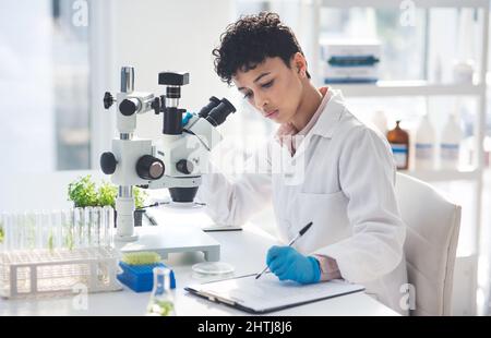 What she finds she records. Cropped shot of an attractive young female scientist making notes while working with a microscope and plants in a Stock Photo