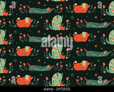 Seamless pattern with stylized dogs with folk ornaments and natural decorations. Poodle and dachshund. Animal family. Vector animalistic texture with Stock Vector