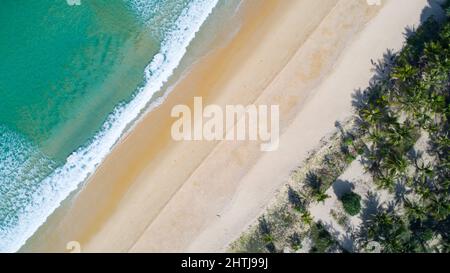 Aerial view sandy beach and crashing waves on sandy shore Beautiful tropical sea in the morning summer season image by Aerial view drone shot, high an Stock Photo