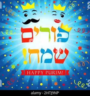 Happy purim congrats and colored confetti. Isolated abstract graphic design template. Happy Purim Jewish script, colour backdrop, king and queen carto Stock Vector