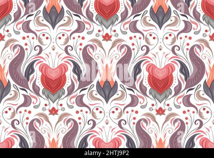 Vector seamless tender pattern with vintage floral ornament. Gentle baroque tile texture with flowers and foliage in pastel colors on white background Stock Vector