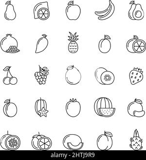 Set of line icons of fruits and berries on white background, vector illustration Stock Vector