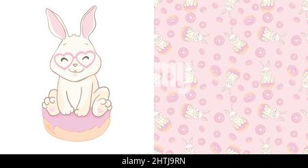 Cute Rabbit And Donuts Illustration. Animal Flat Cartoon Style Set cards and pattern. Stock Vector