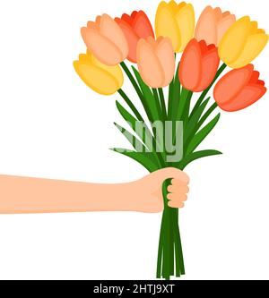 Hand holding a beautiful bouquet of flowers. Happy Women's Day, Mother's Day. Vector illustration Stock Vector