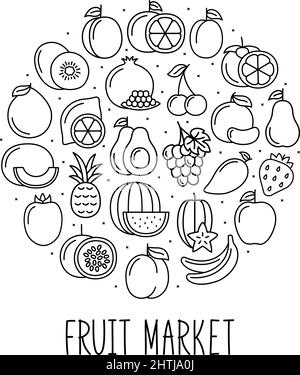 Round banner with fruits icons in linear style. Design for market and store, vector illustration Stock Vector