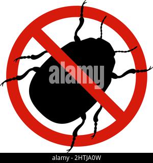 Anti colorado beetle, pest control. Stop insects sign. Silhouette of colorado potato beetle in red forbidding circle, vector illsutration Stock Vector