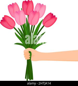 Hand holding a beautiful bouquet of flowers. Happy Women's Day, Mother's Day. Vector illustration Stock Vector