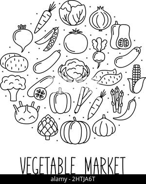 Round banner with vegetables icons in linear style. Design for market and store, vector illustration Stock Vector