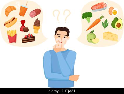 Man choosing between healthy and unhealthy food. Fastfood vs balanced menu. Concept vector illustration Stock Vector