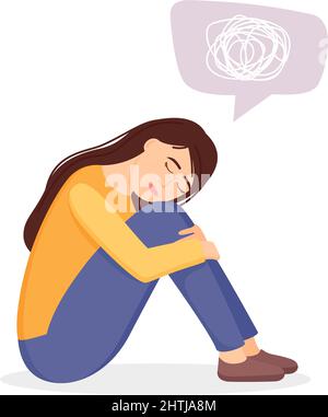 Sad woman in depression with confused thoughts. Young unhappy girl sitting and hugging her knees. Depression concept. Vector illustration Stock Vector