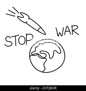 Military missile flies to the Earth. Doodle Vector outline illustration. Stop war concept. Stock Vector