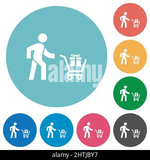 Shopping person with gifts flat white icons on round color backgrounds Stock Vector