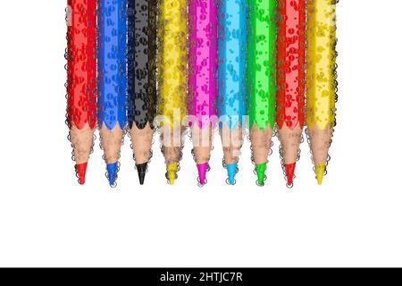 Colorful Pencils in Water with Many Bubbles on a white background. 3d Rendering Stock Photo