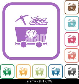 Diamond mining with treasure simple icons in color rounded square frames on white background Stock Vector