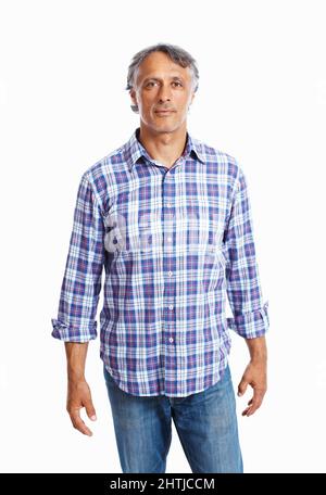 Casually dressed business man. Portrait of mature business man standing over white background. Stock Photo