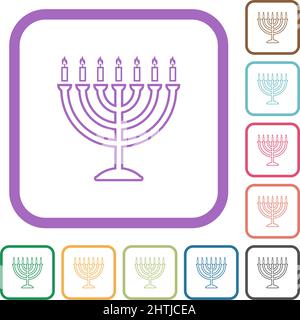Menorah with burning candles outline simple icons in color rounded square frames on white background Stock Vector