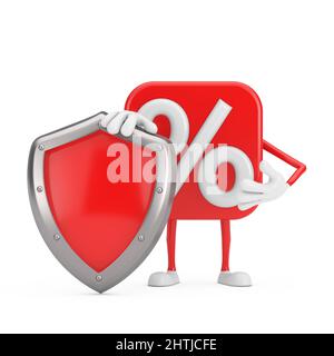 Sale or Discount Percent Sign Person Character Mascot with Red Metal Protection Shield on a white background. 3d Rendering Stock Photo
