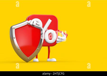 Sale or Discount Percent Sign Person Character Mascot with Red Metal Protection Shield on a yellow background. 3d Rendering Stock Photo
