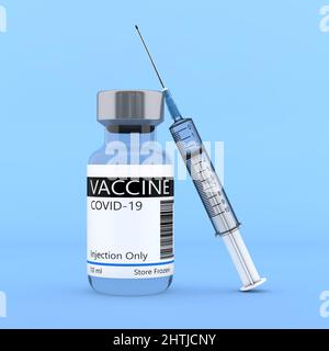 Covid-19 Vaccine Vial Medicine Drug Bottle with Syringe on a blue background. 3d Rendering Stock Photo