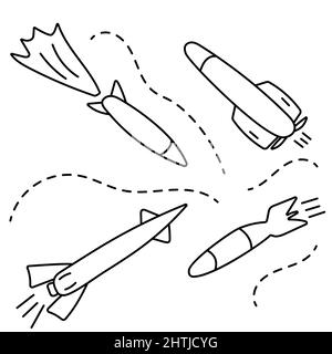 Flying military missiles, warheads. Active military operations. Hand drawn prints and doodle. Stock Vector