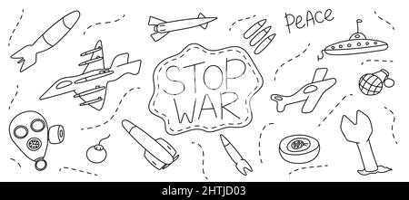 A set of vector doodles. Stop the war. Isolated aircraft, fighter, submarine, grenade, weapons, ammunition, military missiles and warheads for design. Stock Vector