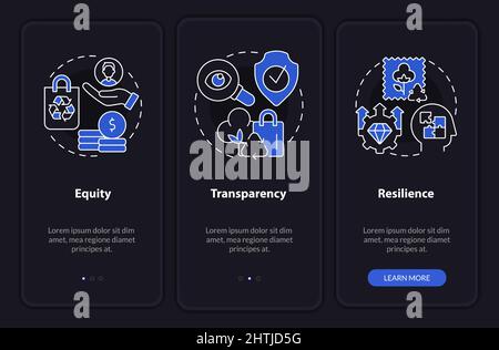 Circular economy key principles night mode onboarding mobile app screen Stock Vector