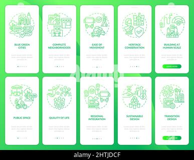 Urban planning green gradient onboarding mobile app screen set Stock Vector