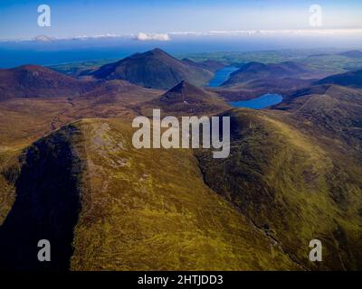Aerial of Silent Valley and Loughshannagh Lough Shannagh mournes mourne mountains, County Down Northern Ireland Stock Photo