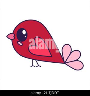 Kawaii Valentine Day icon bird with heart wig. Love symbol in the fashionable pop line art style. The cute bird with a heart is in red, soft pink, and Stock Vector