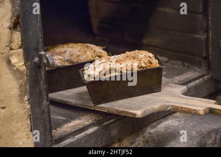 Black metal pans with freshly baked loaves of bread with crust placed on wooden cutting board in oven of light bakery Stock Photo