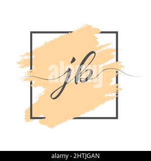 Calligraphic lowercase letters J and B are written in a solid line on a colored background in a frame. Stock Vector