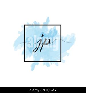 Calligraphic lowercase letters J and P are written in a solid line on a colored background in a frame. Stock Vector