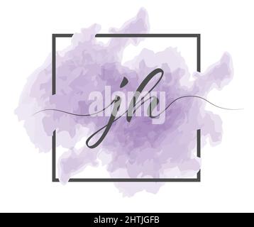Calligraphic lowercase letters J and H are written in a solid line on a colored background in a frame. Stock Vector