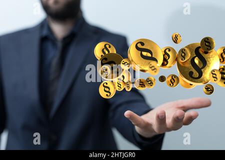 A 3d rendering of law and justice symbols floating in the palm of a man Stock Photo