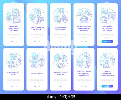 Small business incentives blue gradient onboarding mobile app screen set Stock Vector