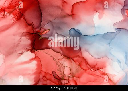 Abstract alcohol ink fluid art background in blue, red, purple and black Stock Photo