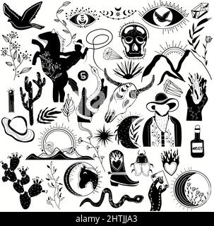 Wild west collection. Black and white illustration. Wild horse, cowboy, buffalo skull, cactus, snake, hat, cowboy boot, wilderness, leaf, fire. Old west. Vector illustration. Stock Vector