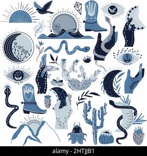 Wild west collection. Cactus, snake, sun, moon, bird, eye, crystal, hand with moon, boot, hand with snake. Mystical boho. Vector illustration. Stock Vector