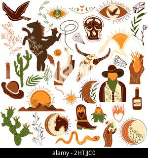 Wild west collection. Wild horse, cowboy, buffalo skull, cactus, snake, hat, cowboy boot, wilderness, leaf, fire. Old west. Vector illustration. Stock Vector
