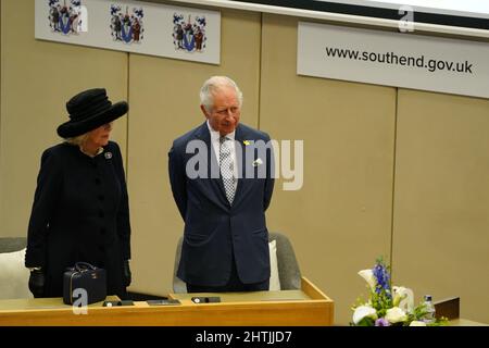 The Prince of Wales and Duchess of Cornwall stand in the council chamber at the Civic Centre in Southend-on-Sea, where he will formally present 'Letters Patent' on behalf of the Queen and make a short speech during the council meeting to mark the conferral of City status on Southend-on-Sea. Picture date: Tuesday March 1, 2022. Stock Photo