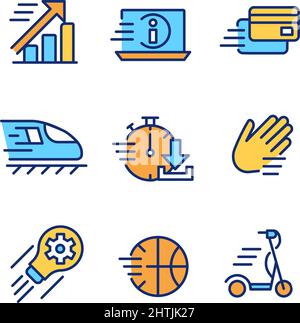 Moving objects pixel perfect RGB color icons set Stock Vector