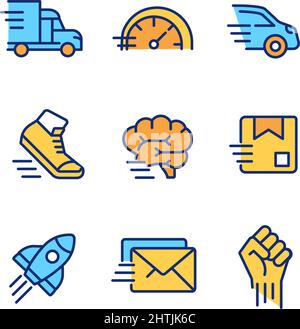 Motion and speed pixel perfect RGB color icons set Stock Vector