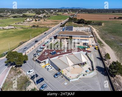 CEIP Colònia de Sant Jordi, Aerial view of the Childhood and Primary Education College, Ses Salines, Mallorca, Balearic Islands, Spain Stock Photo