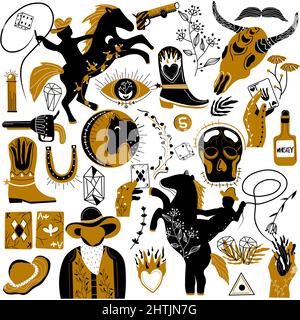 Wild west, cowboy collection. Wild horse, cactus, skull, snake, cowboy boot, card, moon, sun, crystal, hand with fire, gun. Old west. Vector illustration Stock Vector
